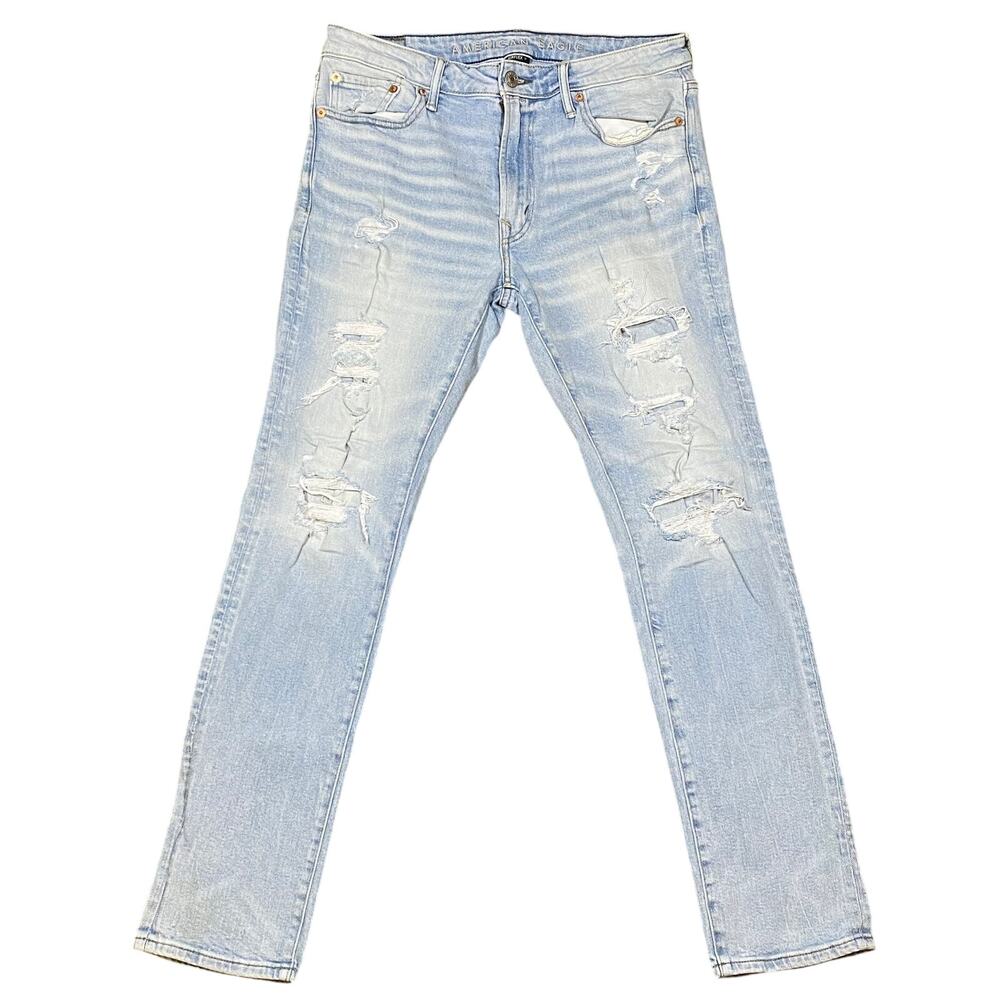 American Eagle Skinny Jeans 32X32 Light Blue Wash Distressed